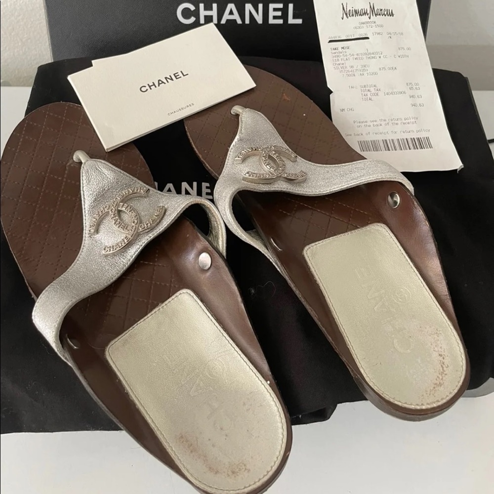Chanel Silver Thong Sandals